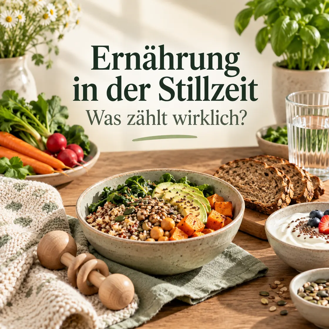 Ernährung in der Stillzeit – ausgewogene Mahlzeit, Wasser und Babydecke als sachliche Übersicht.