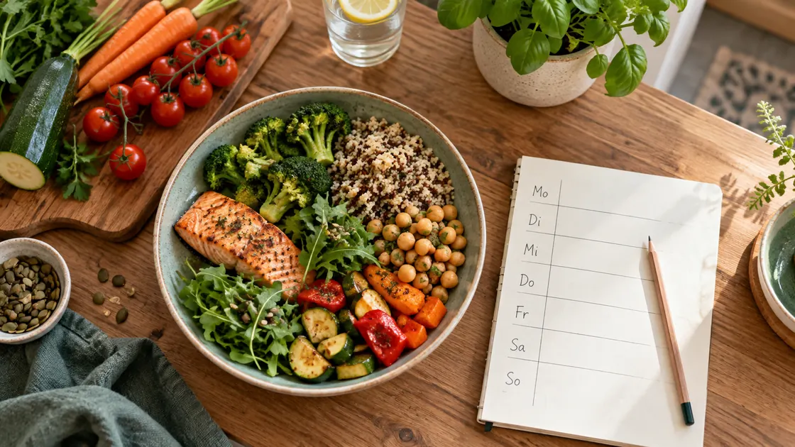 Ernährungs Docs abnehmen – ausgewogene Mahlzeit neben einem Wochenplan für die praktische Umsetzung.