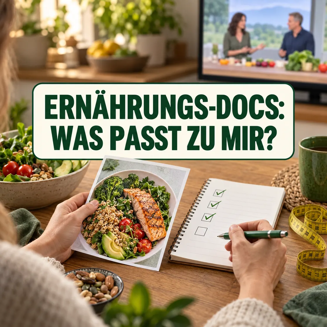 Ernährungs Docs abnehmen – ausgewogene Mahlzeit und Prüfliste vor einer Ernährungssendung.