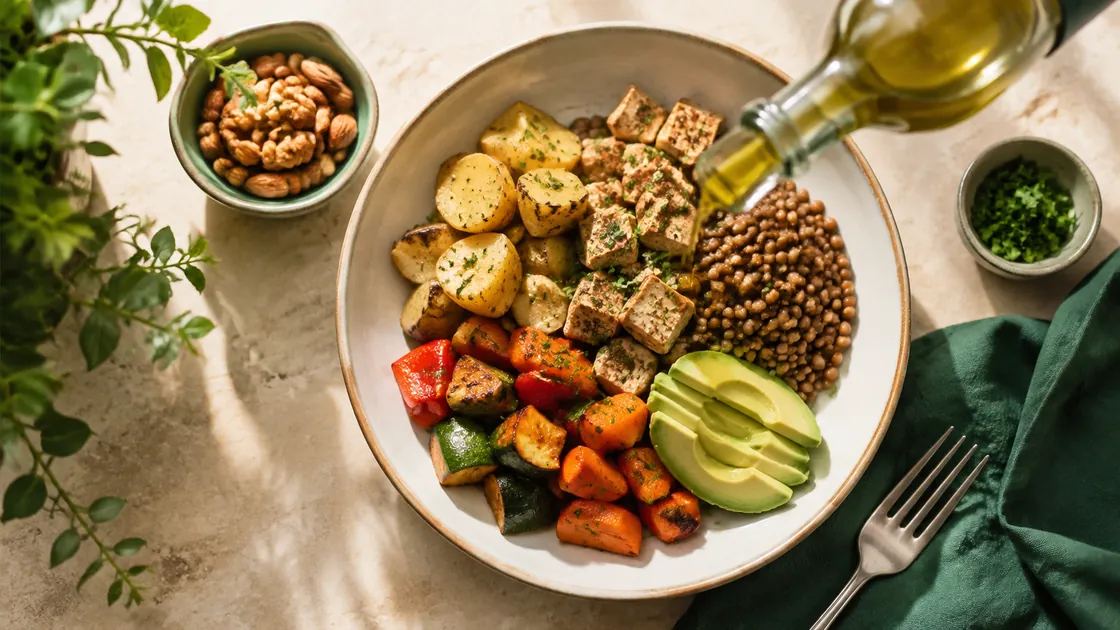 Ernährungsplan zunehmen – energiereiche Mahlzeit mit Kartoffeln, Linsen, Tofu, Gemüse, Avocado und Öl.