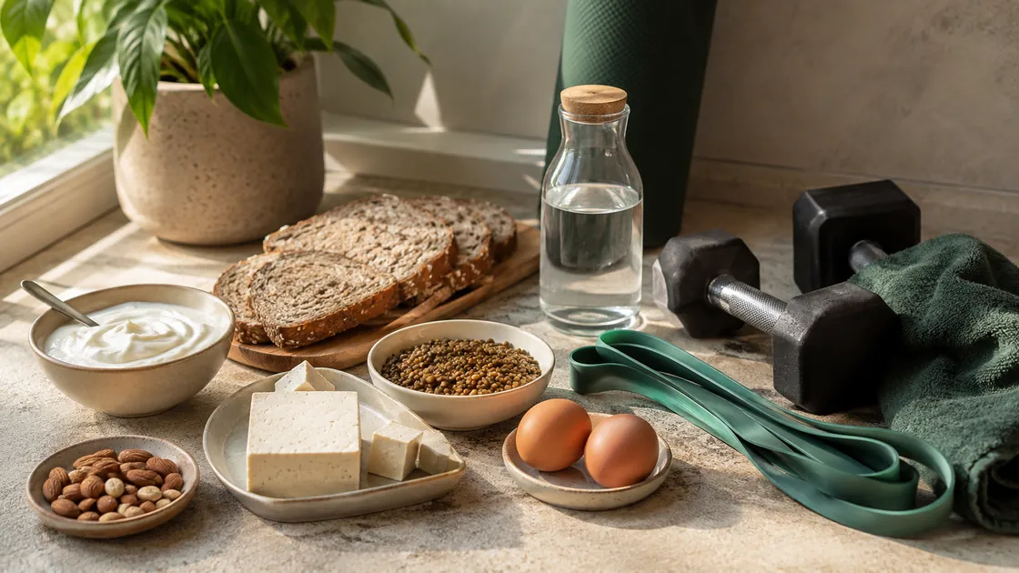 Ernährungsplan zunehmen – Proteinquellen neben Hanteln und einem Widerstandsband.