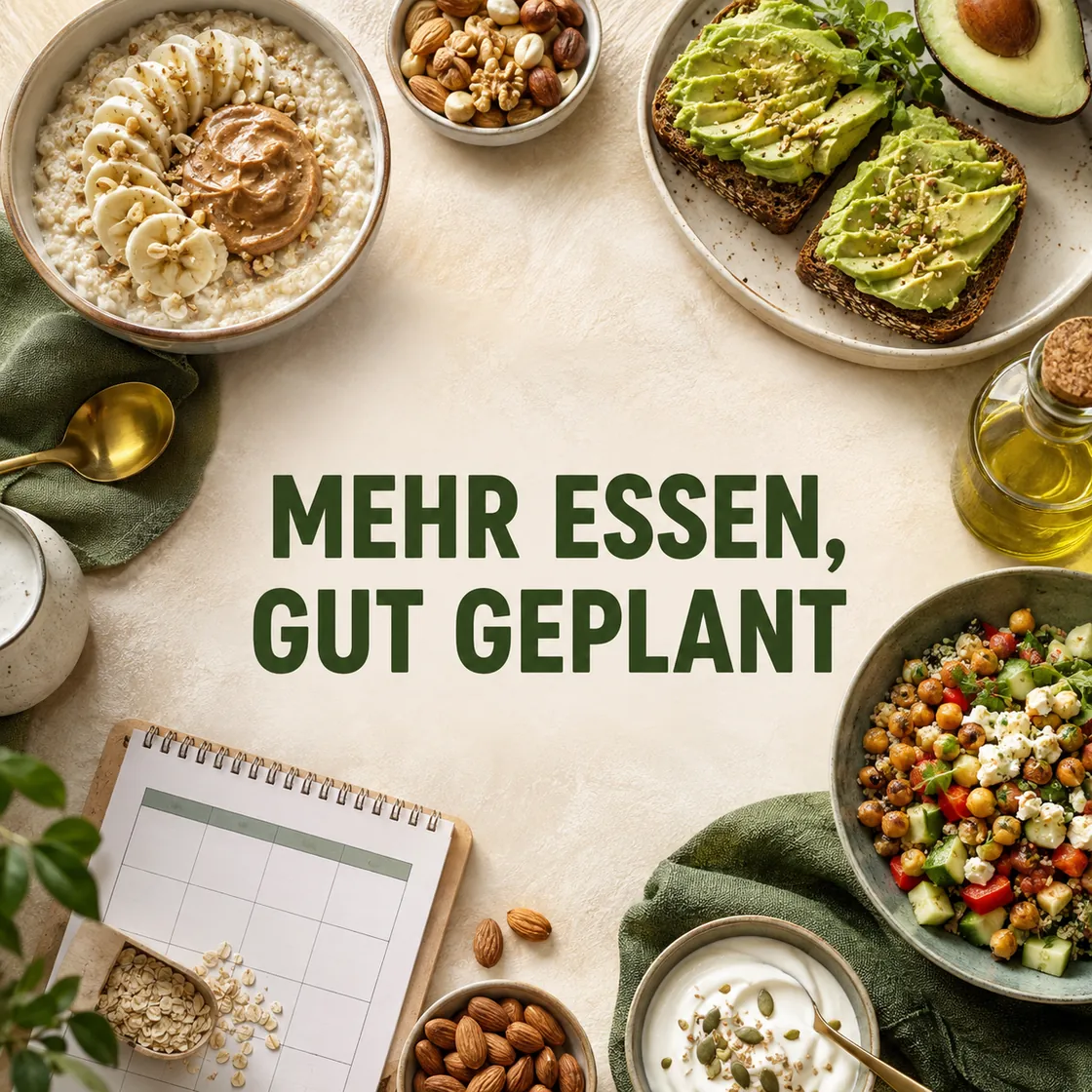 Ernährungsplan zunehmen – ausgewogene Mahlzeiten und Wochenplan mit dem Hinweis Mehr essen, gut geplant.