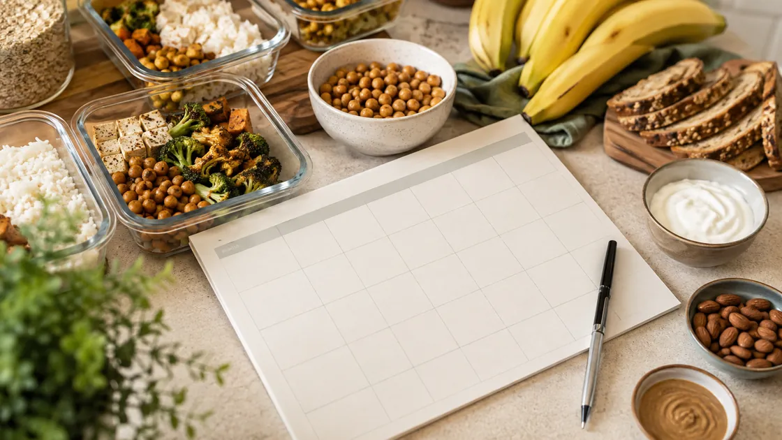 Ernährungsplan zunehmen – Wochenplan mit vorbereiteten Mahlzeiten, Brot, Bananen, Nüssen und Joghurt.