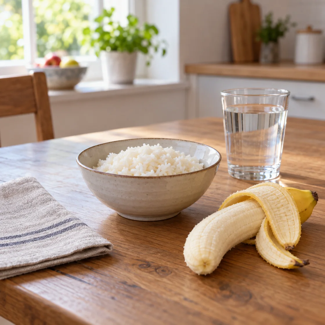 durchfall was essen – gekochter Reis, Banane und Wasser auf dem Tisch