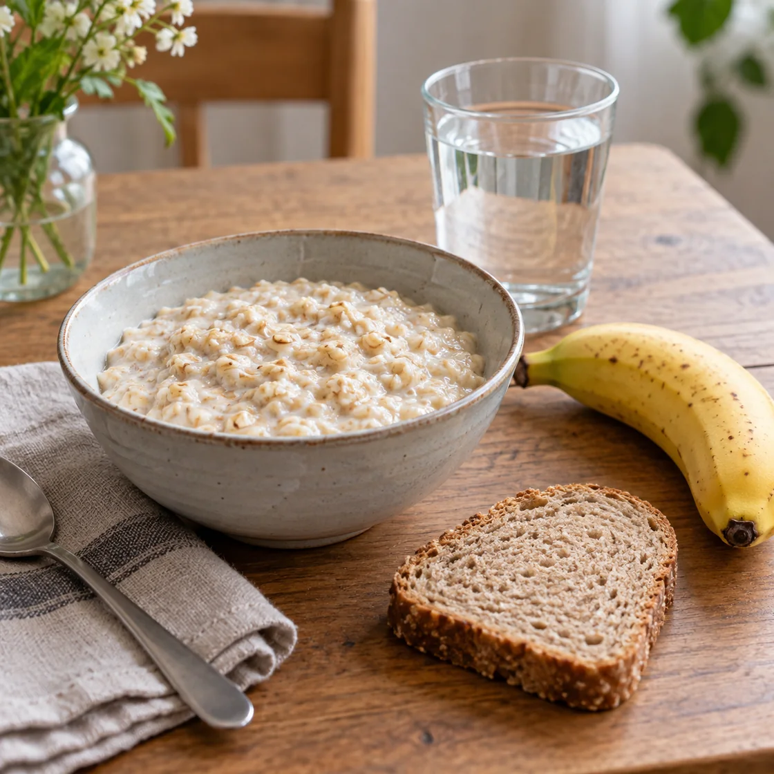 essen bei magenschmerzen – Haferbrei, Brot, Banane und Wasser auf einem Tisch