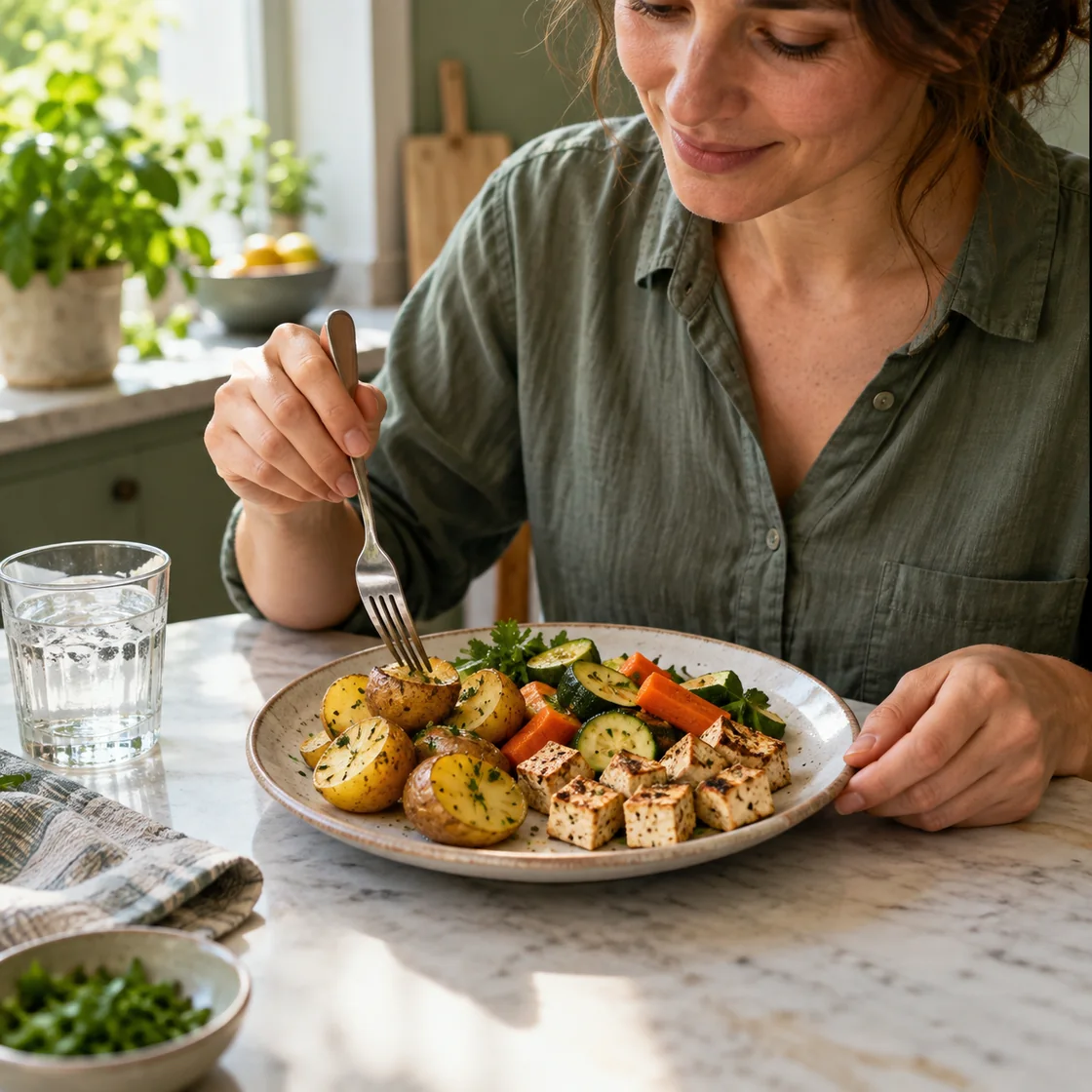 essen bei magenschmerzen – kleine Mahlzeit aus Kartoffeln, gekochtem Gemüse und Tofu