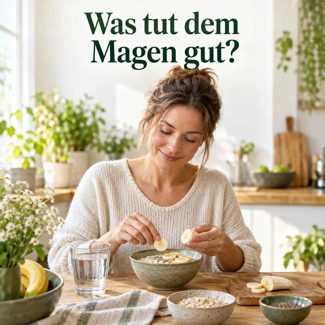 essen bei magenschmerzen – Frau bereitet eine kleine Portion Haferbrei mit Banane und Wasser zu