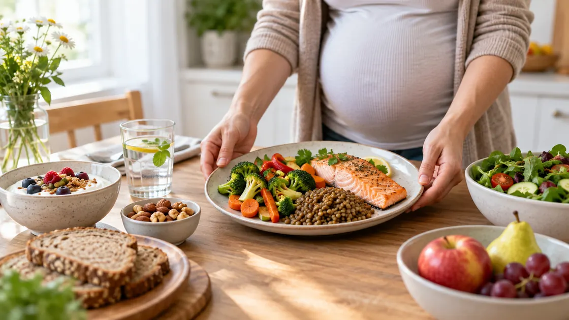 Essen in der Schwangerschaft – ausgewogene Mahlzeit mit Gemüse, Linsen, Vollkorn, Joghurt und gegartem Lachs.