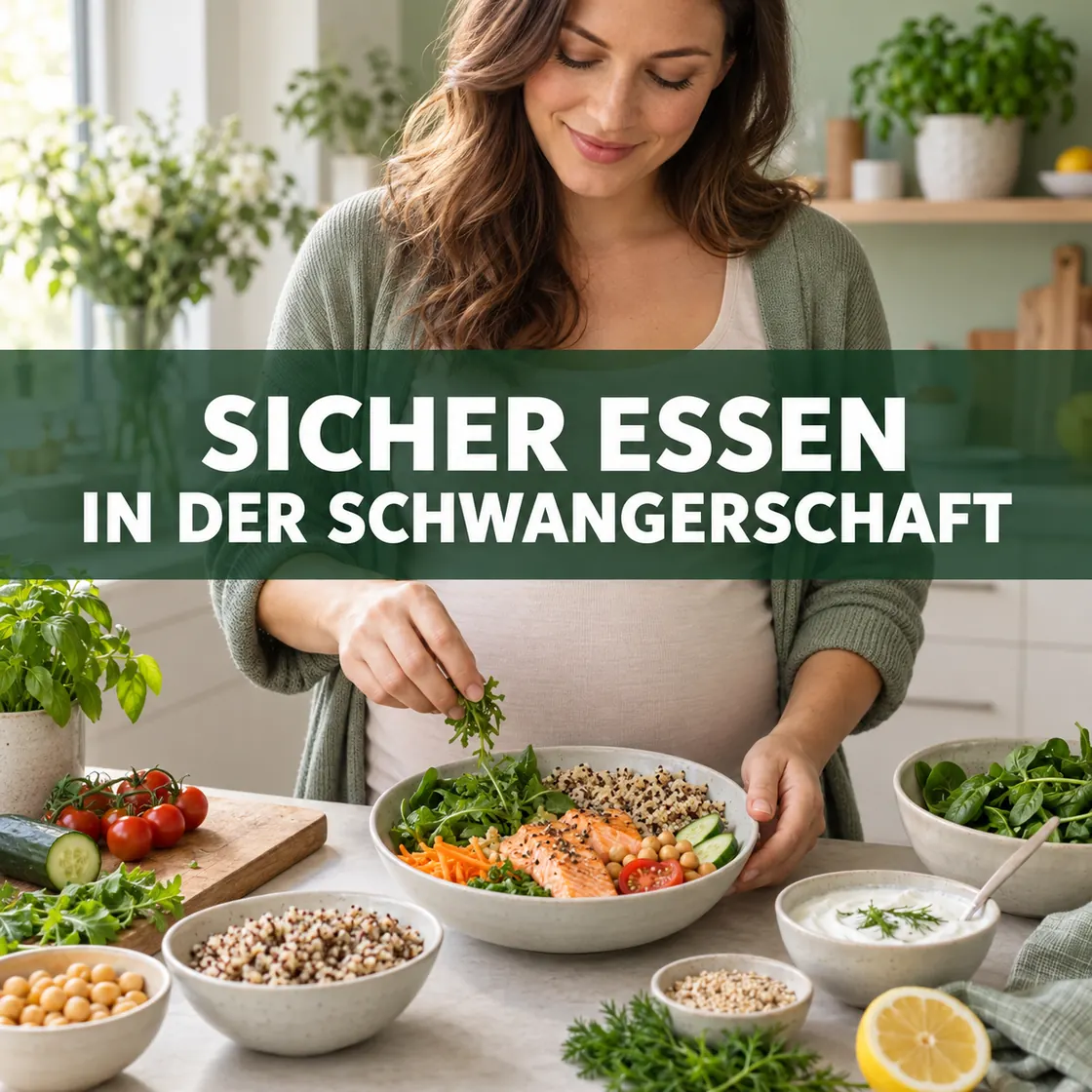 Essen in der Schwangerschaft – Schwangere bereitet eine ausgewogene, vollständig gegarte Mahlzeit zu.
