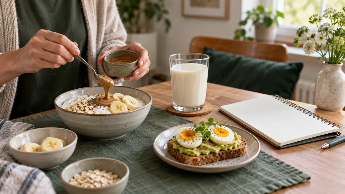Essen zum Zunehmen – Brot, Getreide, Eiweißquellen, Nüsse, Öl, Obst und Gemüse auf einem Küchentisch.