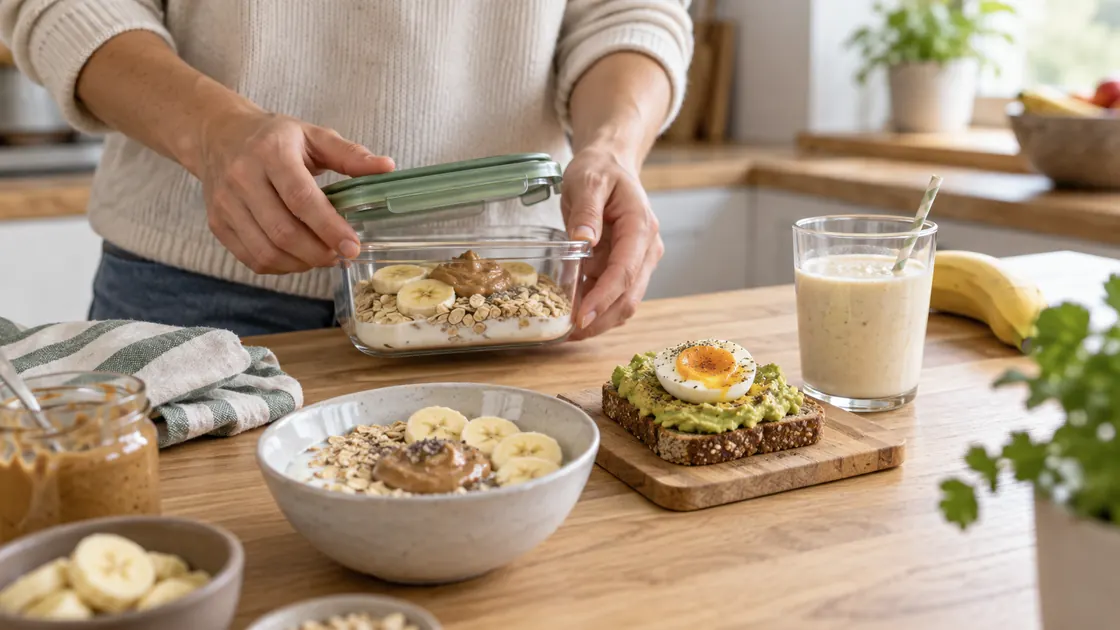 Essen zum Zunehmen – mehrere kleine Mahlzeiten mit Hafer, Nussmus, Avocado, Ei und Bananendrink.