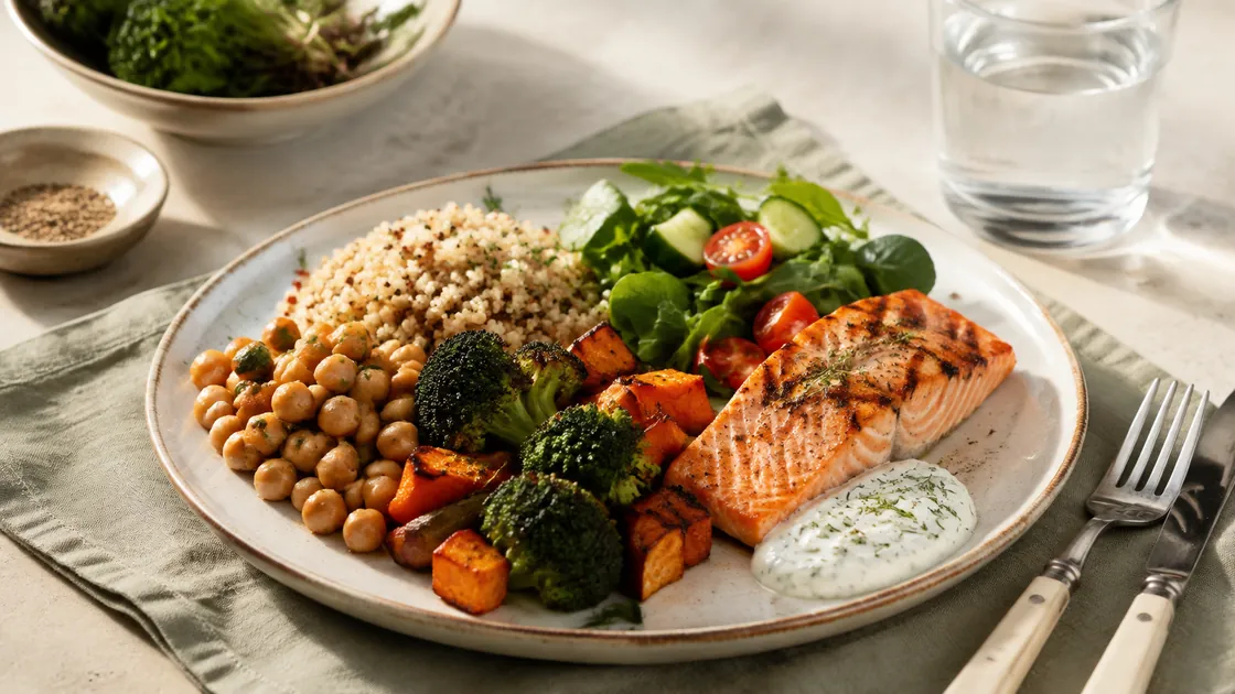 Fasten Diät – ausgewogene Mahlzeit mit Gemüse, Vollkorn, Hülsenfrüchten, Fisch und Wasser.