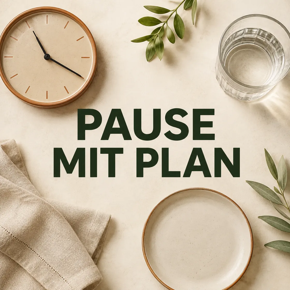 Fasten Diät – Uhr, Wasserglas und leerer Teller mit der Botschaft Pause mit Plan.