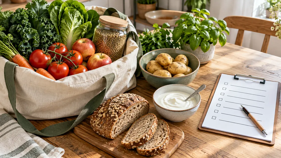Fatburner Lebensmittel – Einkaufstasche mit Gemüse, Obst, Linsen, Kartoffeln, Naturjoghurt und Vollkornbrot.