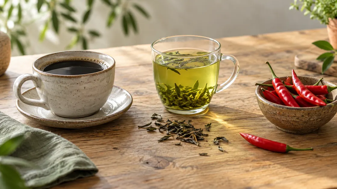 Fatburner Lebensmittel – schwarzer Kaffee, grüner Tee und Chili als Lebensmittel mit kleinen kurzfristigen Effekten.