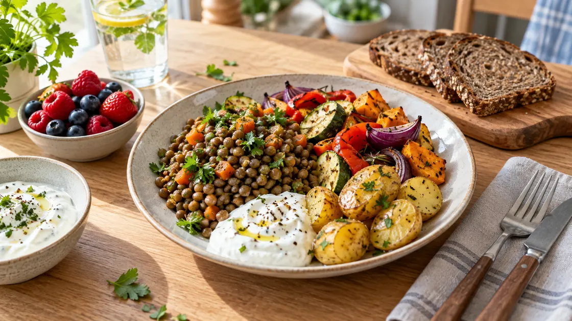 Fatburner Lebensmittel – Linsen, Ofengemüse, Kartoffeln, Naturjoghurt, Vollkornbrot und Beeren auf einem Tisch.