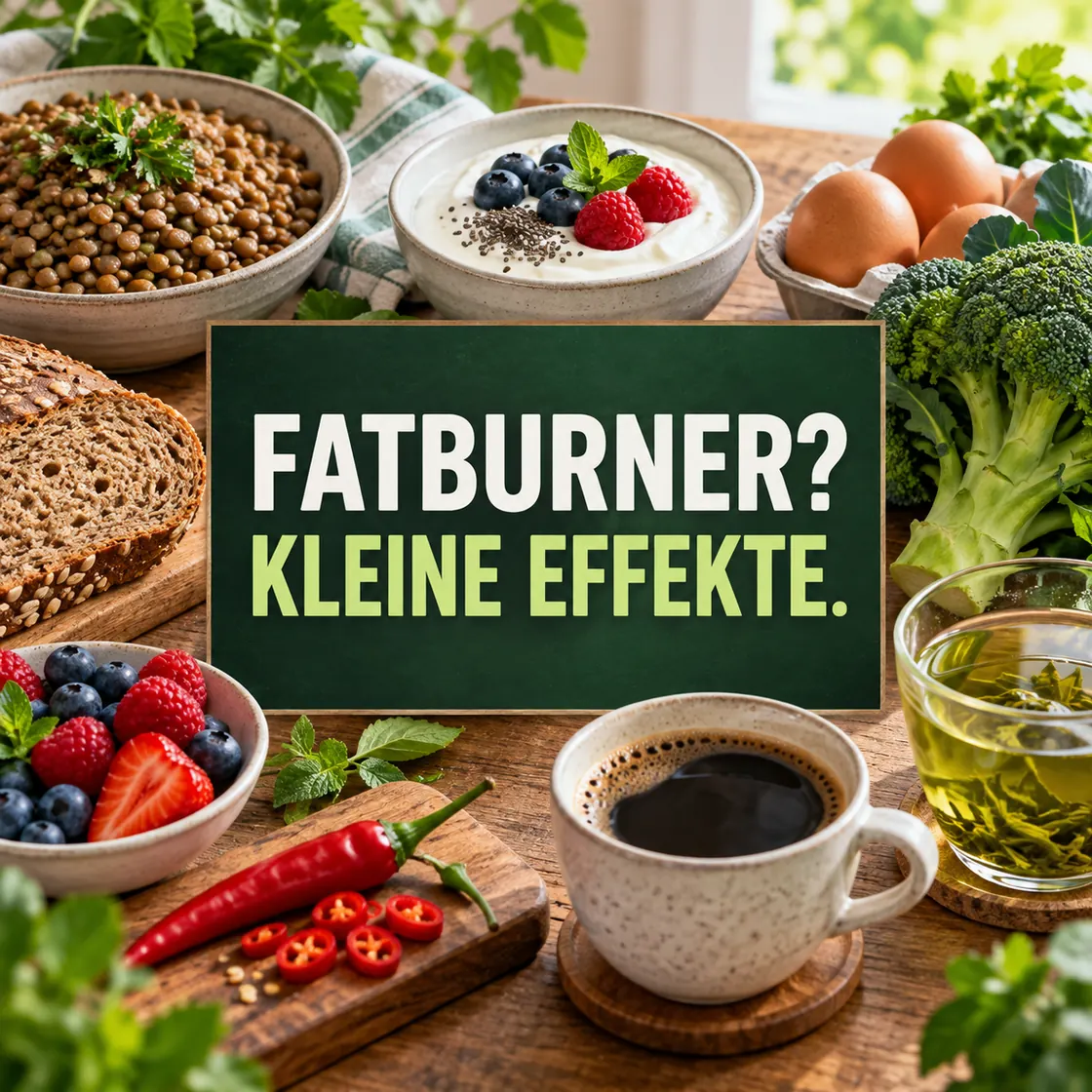 Fatburner Lebensmittel – sachliche Übersicht mit Gemüse, Hülsenfrüchten, Vollkorn und einer Waage.