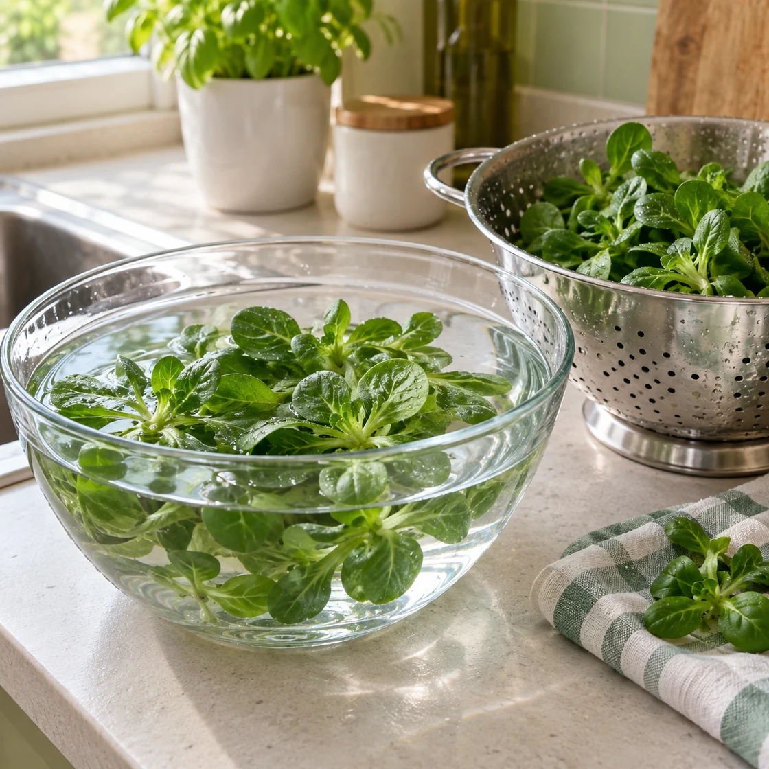 feldsalat gesund: Blätter in einer Wasserschüssel und einem sauberen Sieb