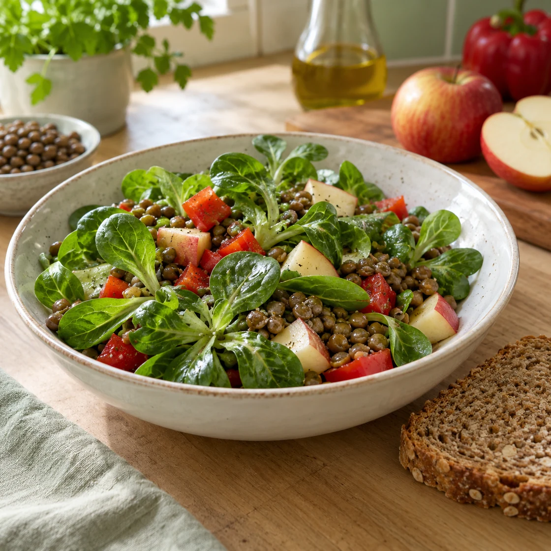 feldsalat gesund: Blattsalat mit gekochten Linsen, Apfel, Paprika und Vollkornbrot