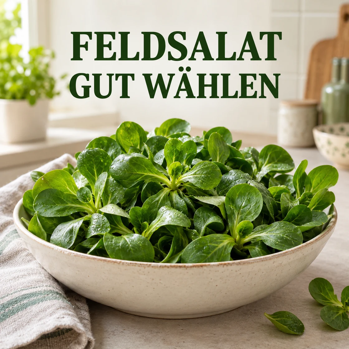 feldsalat gesund: frische Blattrosetten und Schriftzug FELDSALAT GUT WÄHLEN
