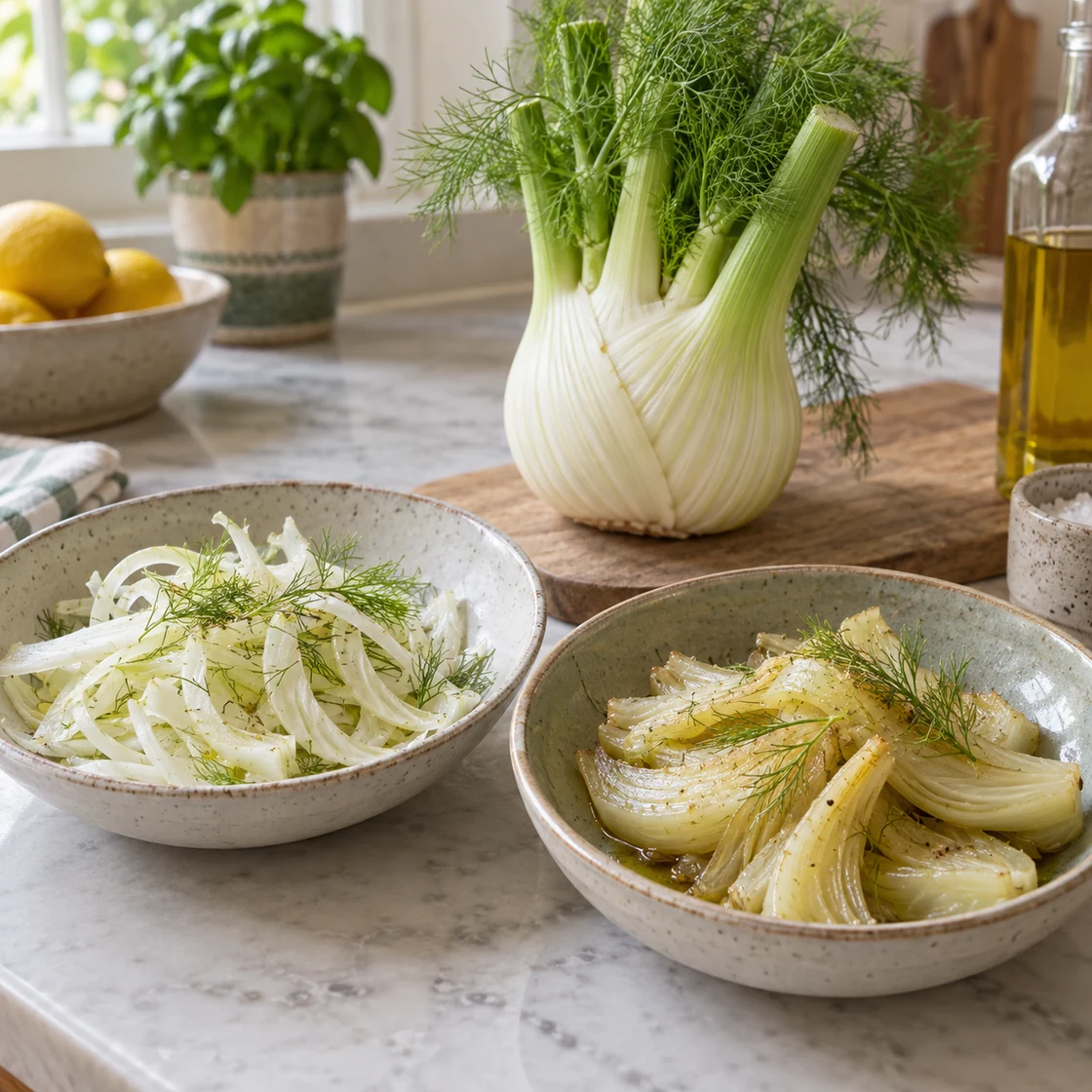 fenchel gesund: rohe Streifen und gegarte Spalten in zwei Schalen