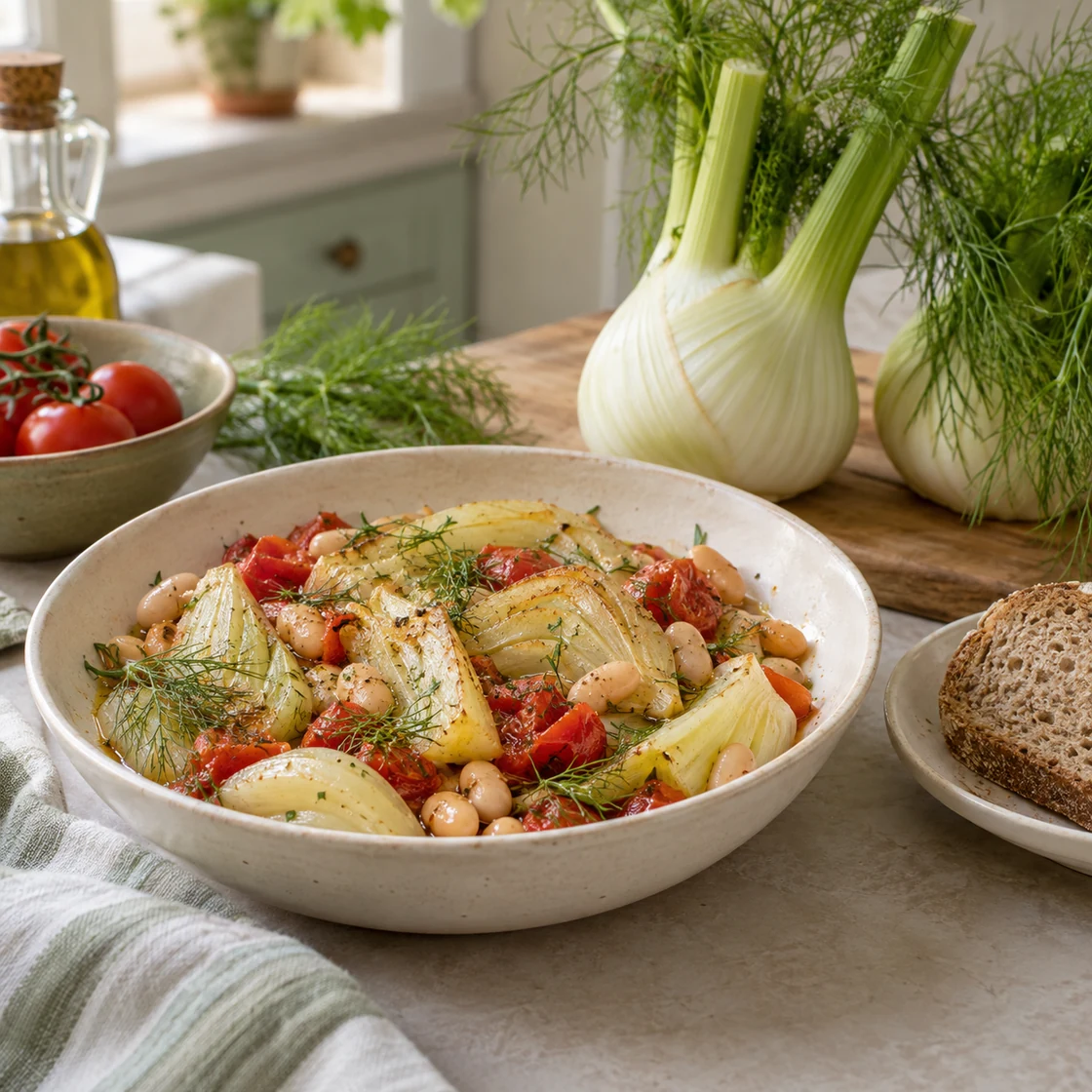 fenchel gesund: gegarte Fenchelspalten mit weißen Bohnen, Tomaten und Vollkornbrot