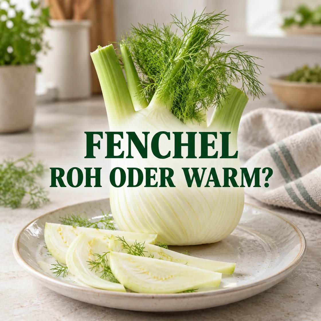 fenchel gesund: frische Fenchelknolle und Schriftzug FENCHEL ROH ODER WARM?