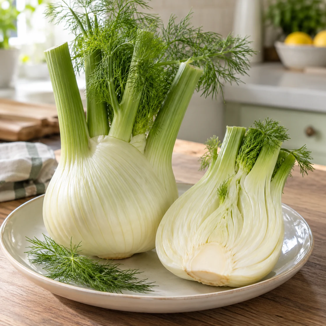 fenchel gesund: ganze und halbierte Fenchelknollen mit sichtbaren weißen Blattlagen
