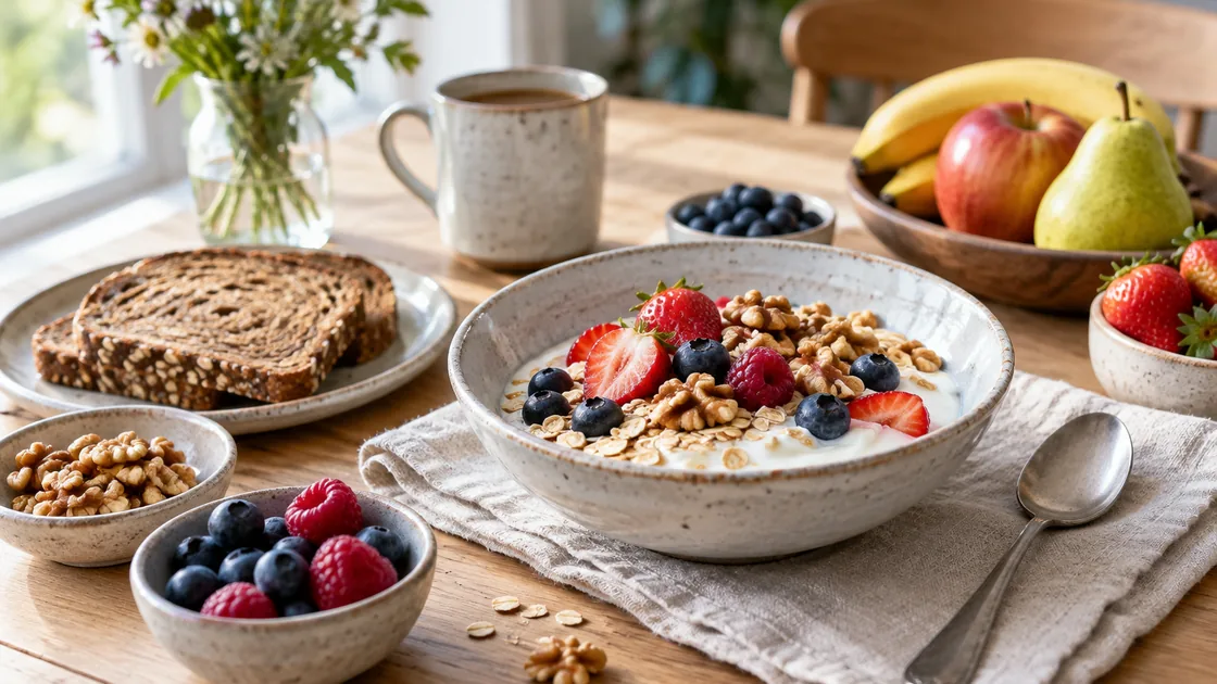 fettarme ernährung – Frühstück mit Joghurt, Beeren, Haferflocken und Nüssen