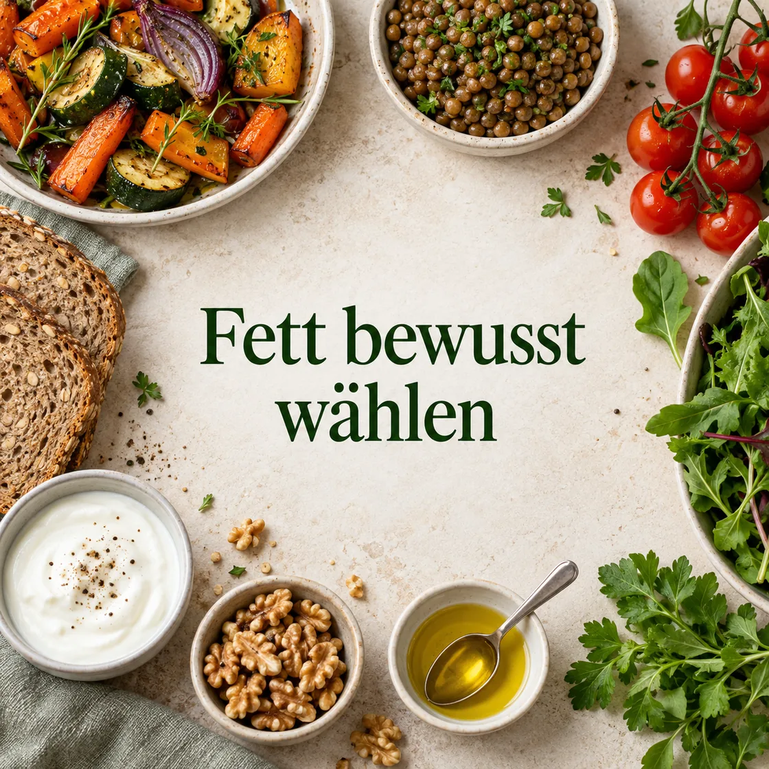 fettarme ernährung – buntes Essen mit Titel Fett bewusst wählen
