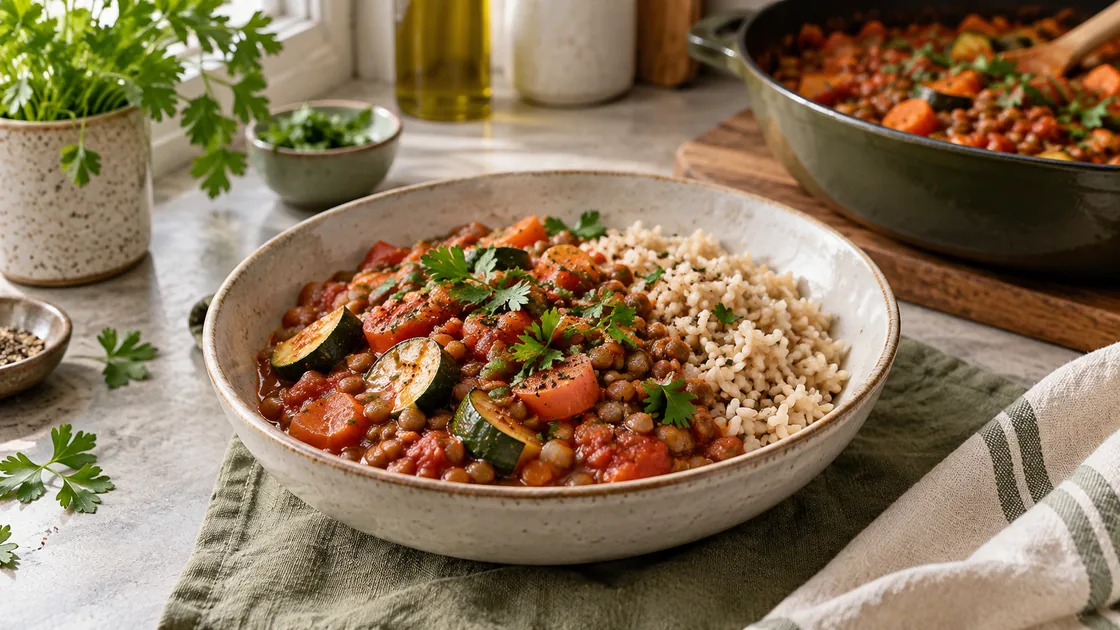 fettarme gerichte – Linsen-Zucchini-Pfanne mit Reis