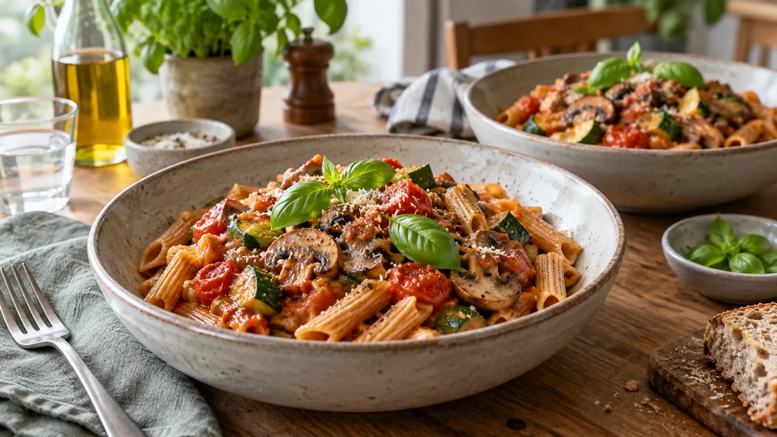 fettarme gerichte – Vollkornpasta mit Tomaten, Pilzen und Basilikum