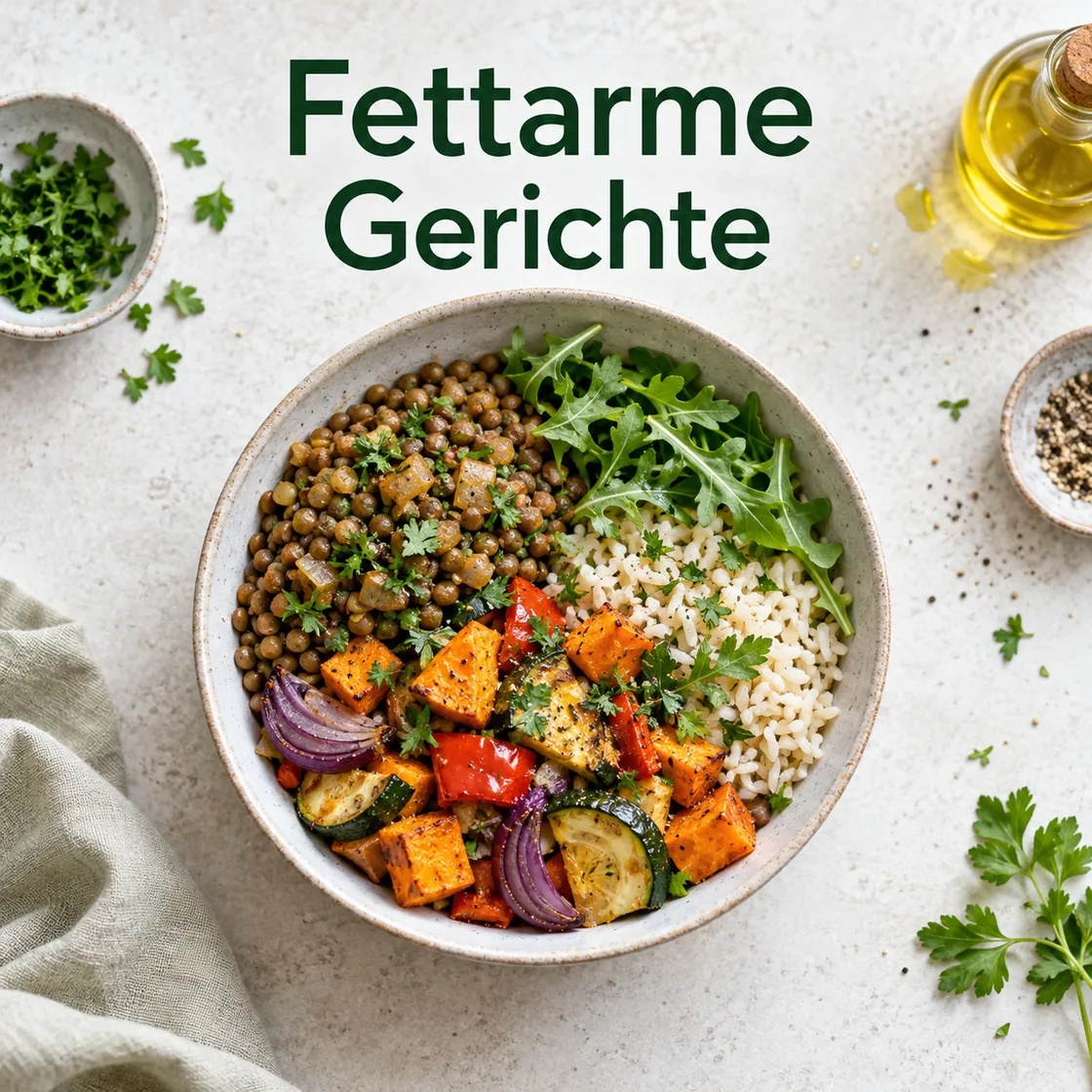 fettarme gerichte – Gemüse-Linsen-Bowl mit lesbarem Bildtitel