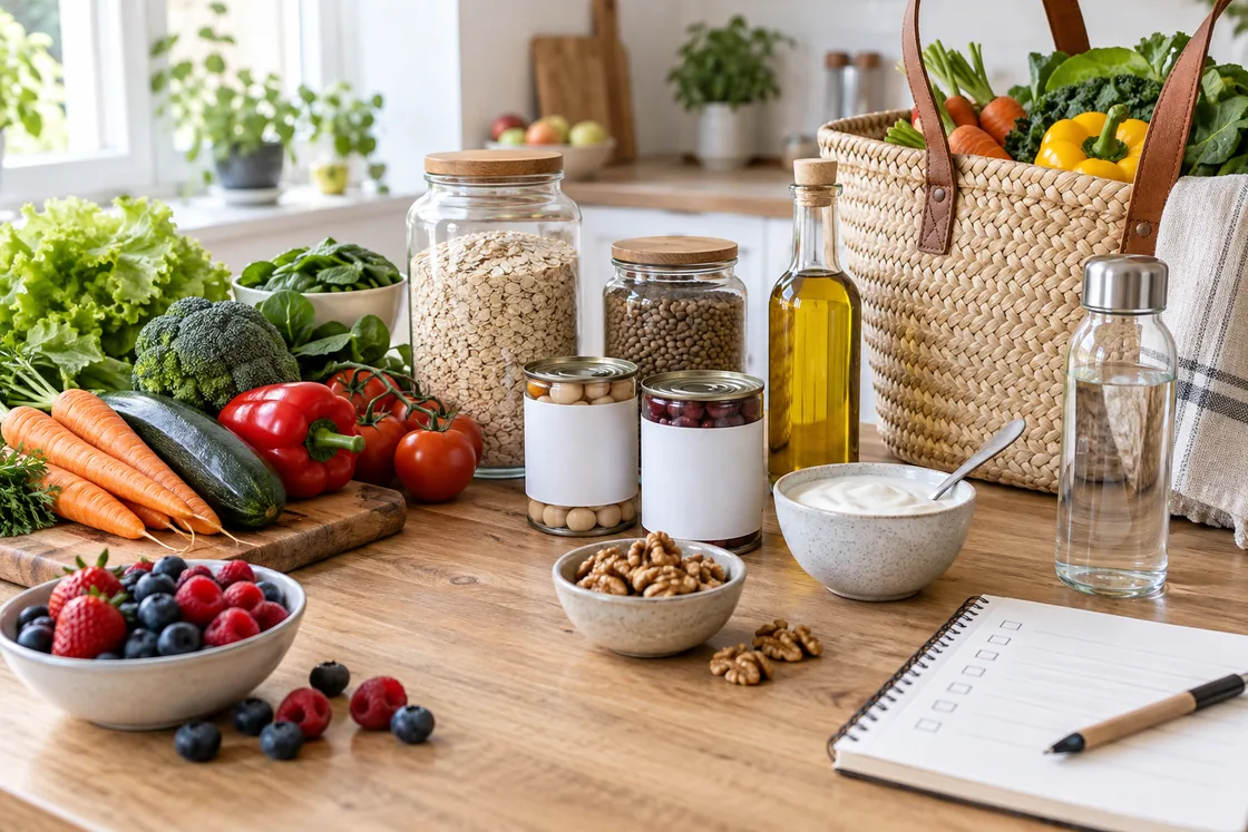 Fettleber Ernährung – Einkauf mit Gemüse, Hafer, Hülsenfrüchten, Nüssen und Wasser