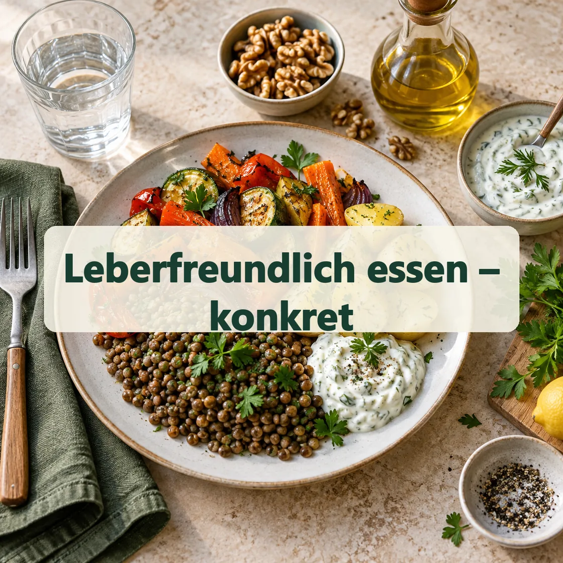Fettleber Ernährung – ausgewogene Mahlzeit mit Linsen, Gemüse und Kartoffeln