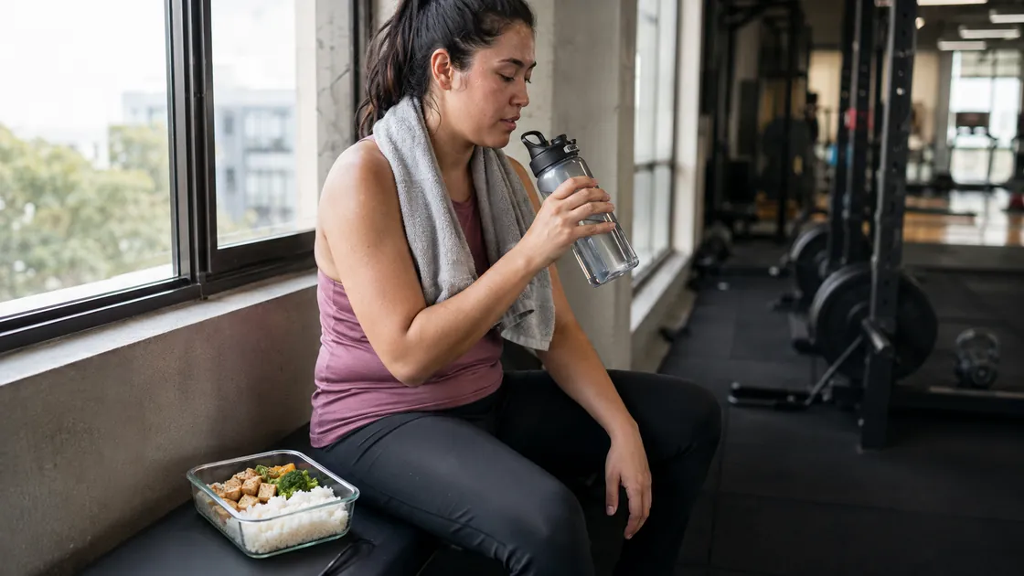 Fitness Ernährung – eine Freizeitsportlerin trinkt nach dem Training Wasser neben einer Mahlzeit.