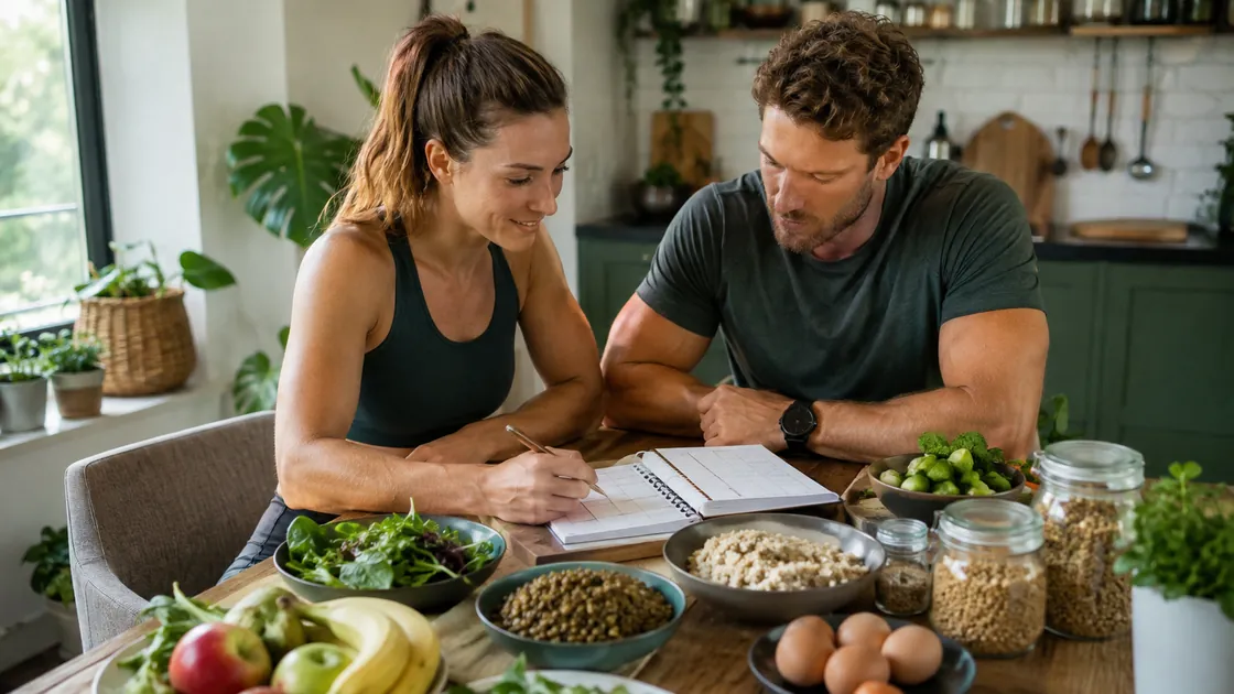 Fitness Ernährung – zwei Freizeitsportler planen Training und Mahlzeiten am Küchentisch.