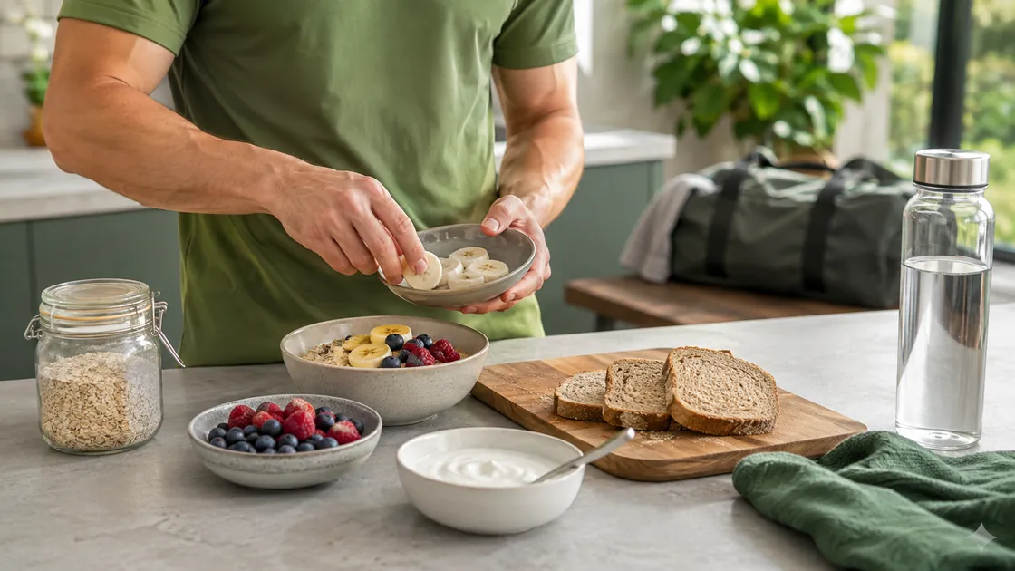 Fitness Ernährung – Haferflocken, Banane, Joghurt und Brot werden vor dem Training vorbereitet.
