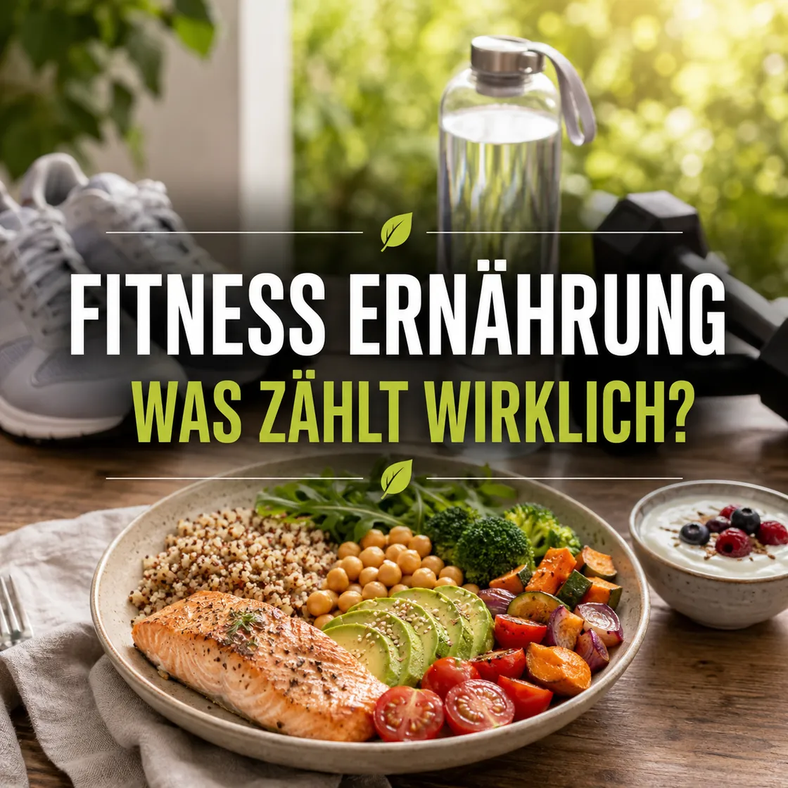 Fitness Ernährung – ausgewogene Mahlzeit mit Wasser, Laufschuhen und Hantel.