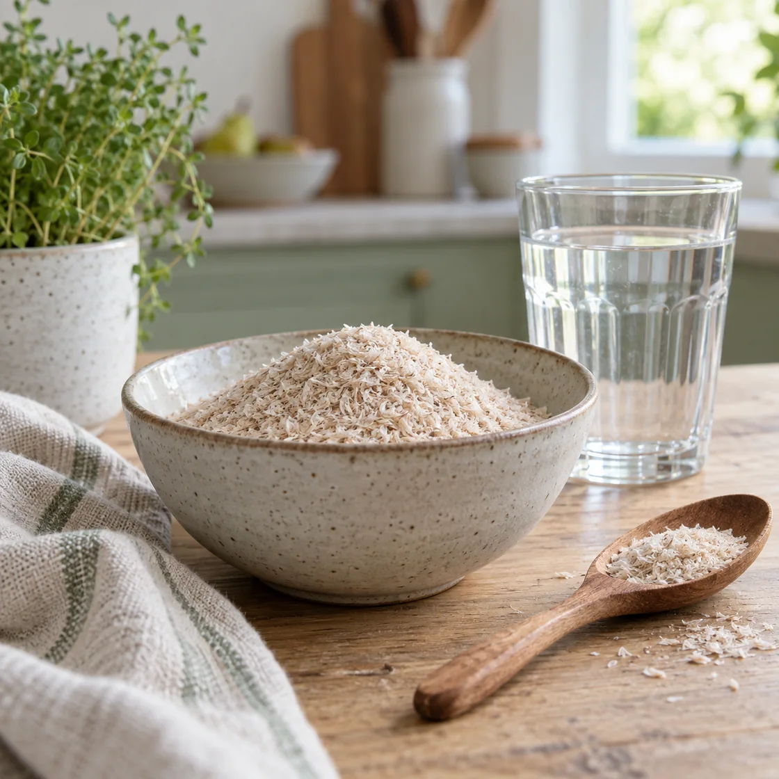 flohsamenschalen gesund – Schalen und Wasser auf einem Küchentisch