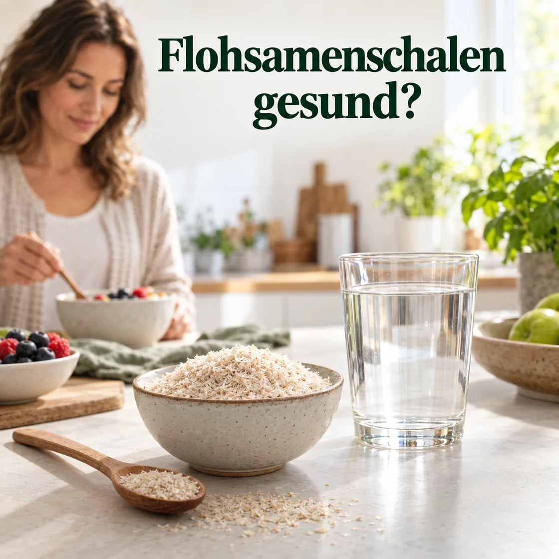 flohsamenschalen gesund – Schalen in Keramikschale und Wasserglas beim Frühstück