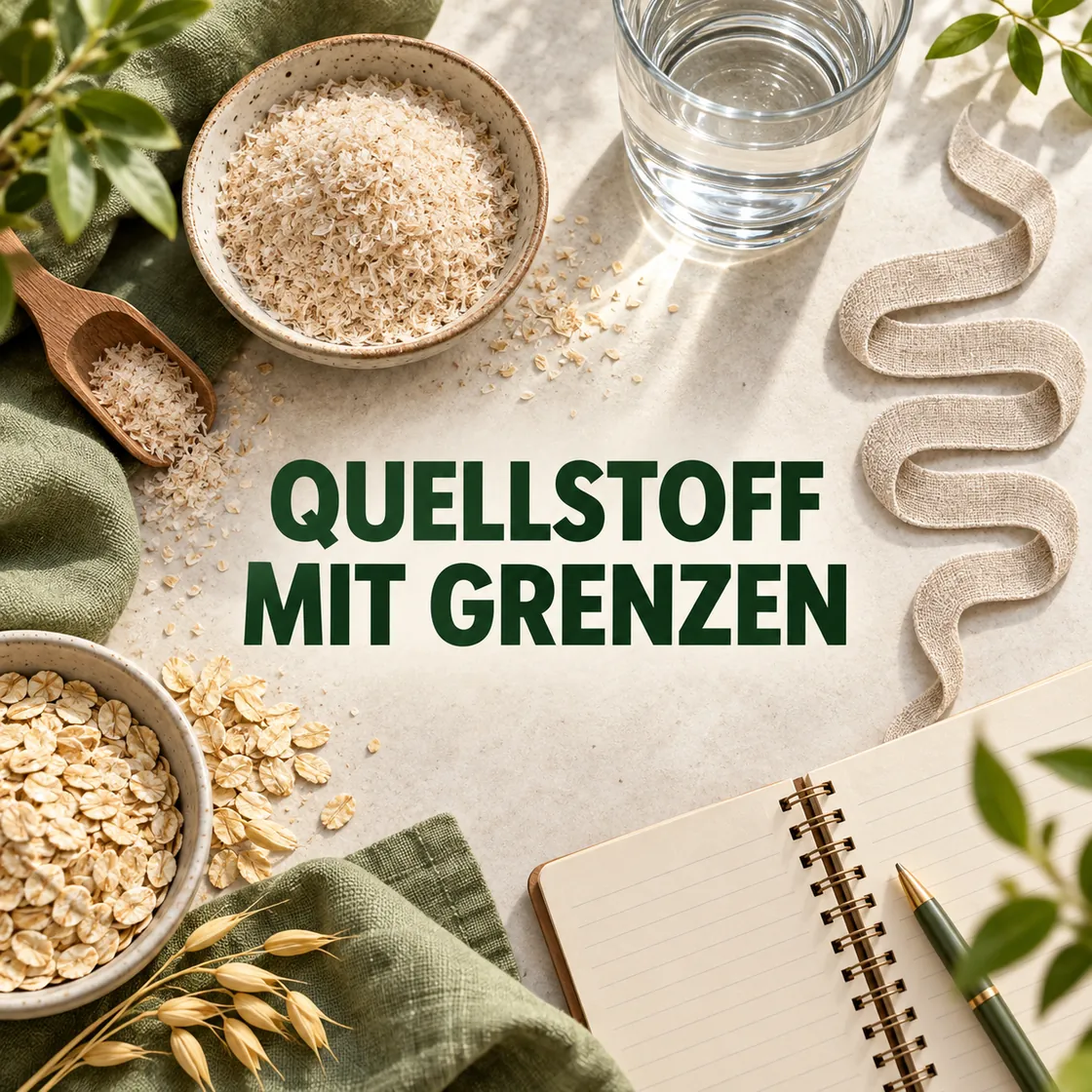 Flohsamenschalen bei Reizdarm – Schalen und Wasser mit dem Hinweis Quellstoff mit Grenzen.