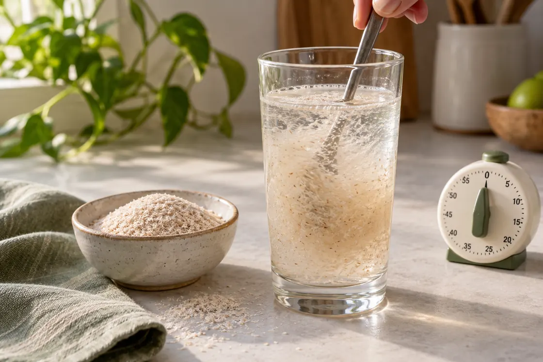 Flohsamenschalen zum Abnehmen – Schalen werden mit ausreichend Wasser in einem Glas verrührt.