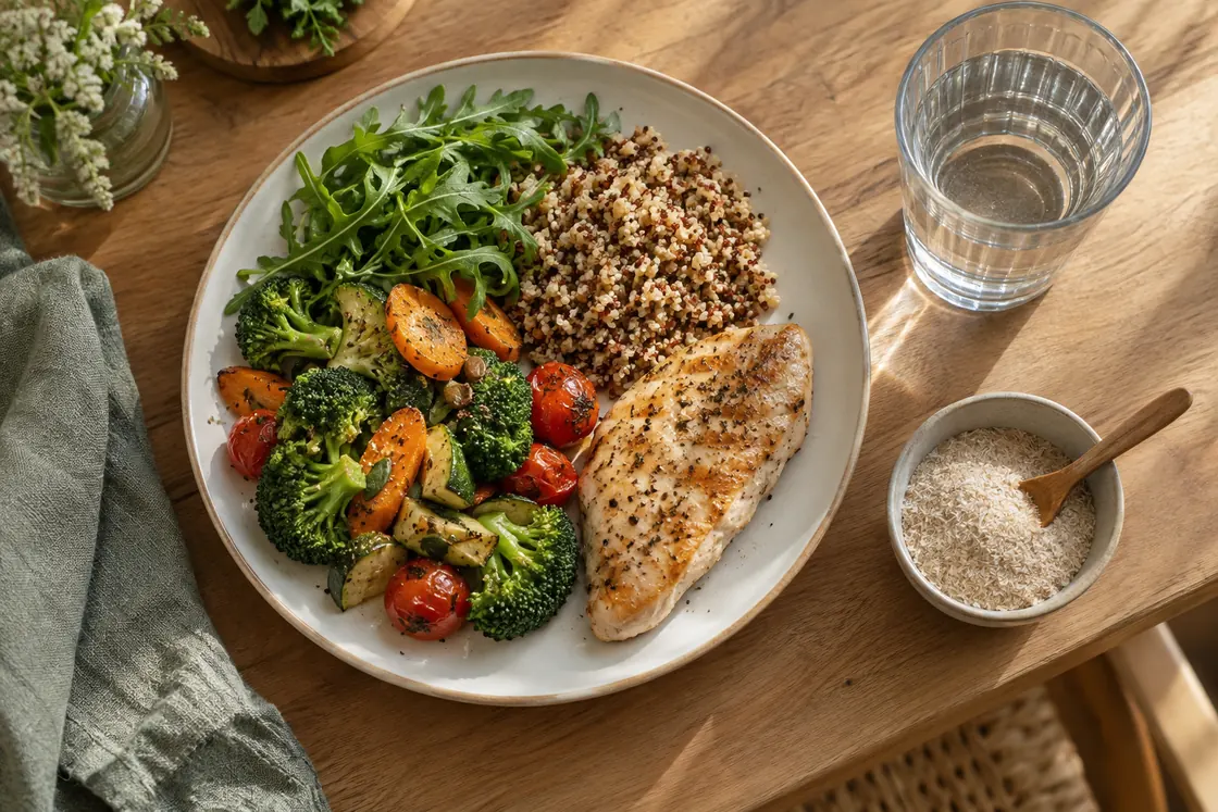 Flohsamenschalen zum Abnehmen – kleine Schalenportion neben Wasser und einer ausgewogenen Mahlzeit.