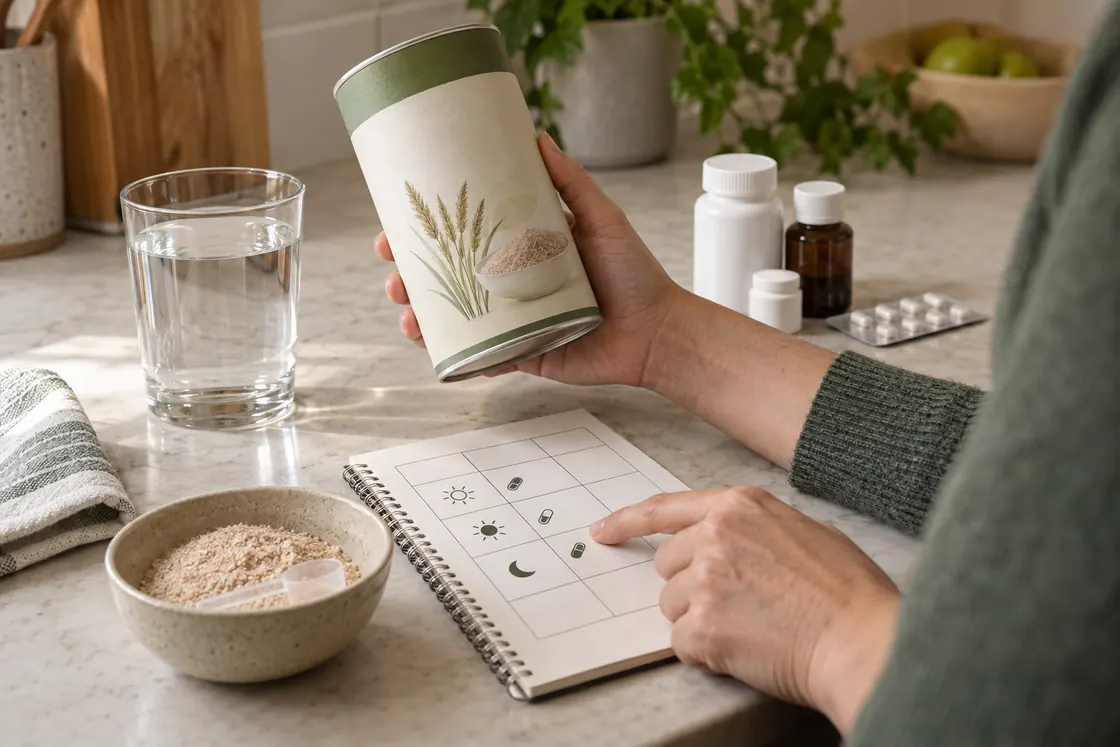 Flohsamenschalen zum Abnehmen – Produktetikett, Medikamentenplan und Wasser werden vor der Einnahme geprüft.