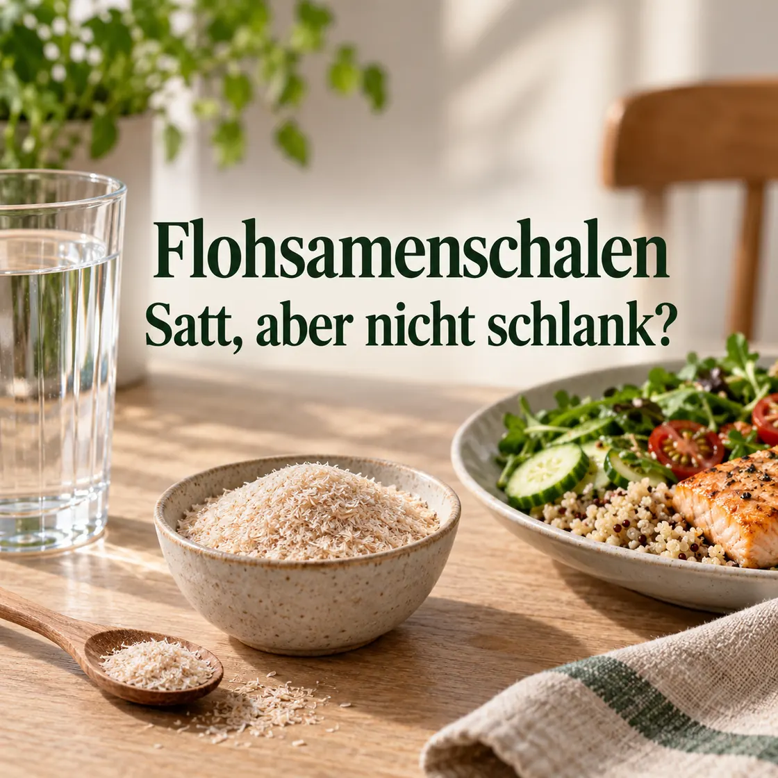 Flohsamenschalen zum Abnehmen – Schalen, Wasser und ausgewogene Mahlzeit mit der Frage nach der Sättigung.