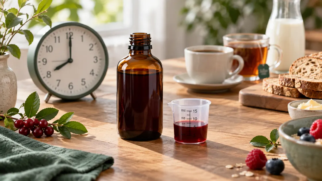 Floradix mit Eisen – Messbecher und Uhr mit Abstand zu Kaffee, Tee, Milch und einer Mahlzeit.