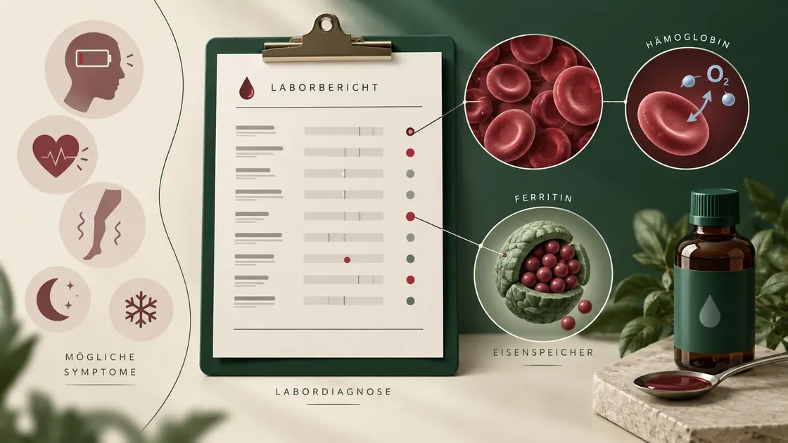 Floradix mit Eisen – Laborblatt, rote Blutkörperchen sowie Symbole für Hämoglobin und Ferritin.