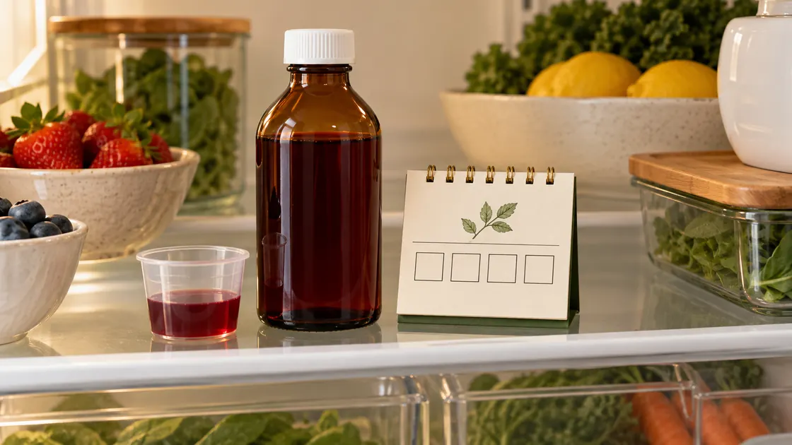 Floradix mit Eisen – geöffnete Flasche, Messbecher und Vier-Wochen-Kalender im Kühlschrank.