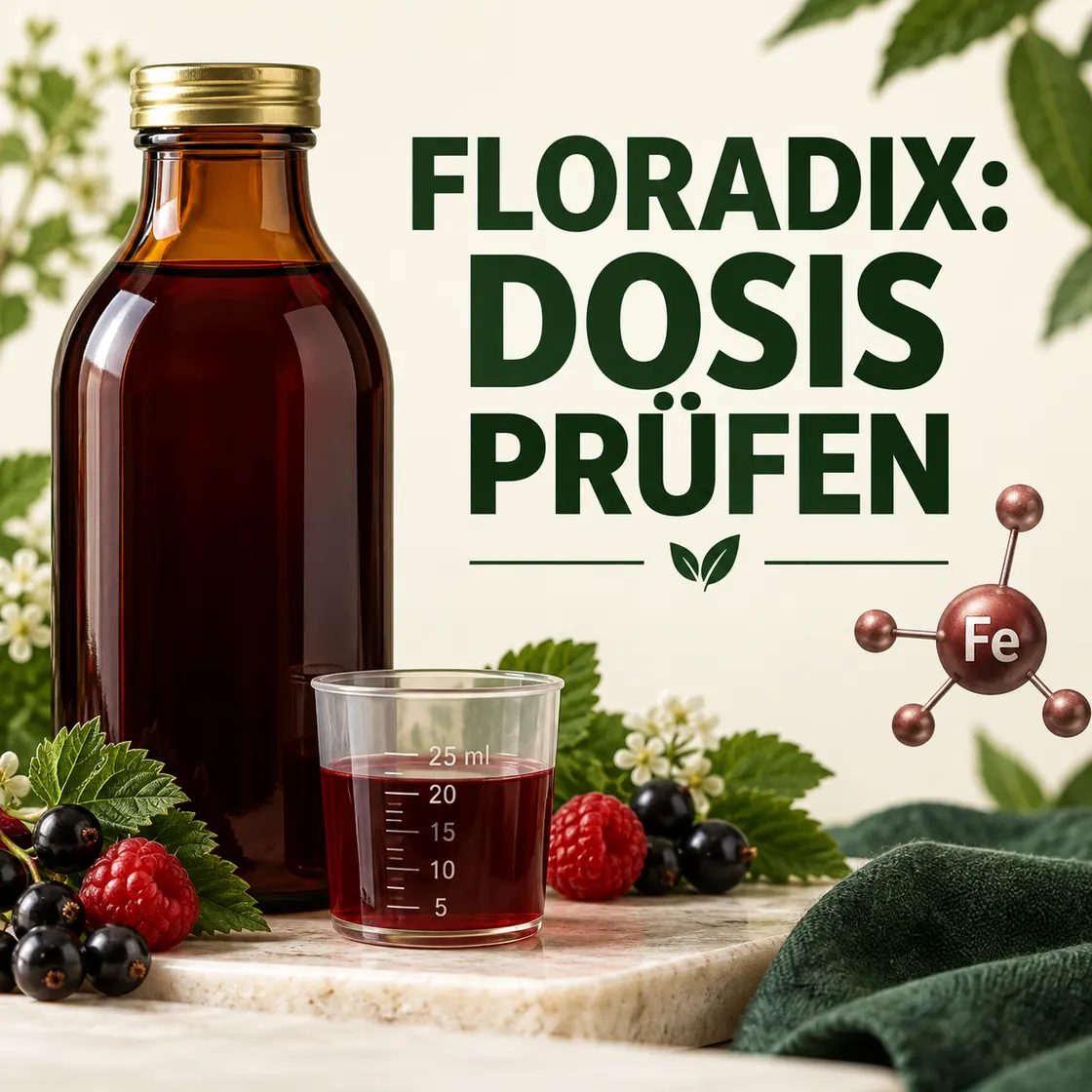 Floradix mit Eisen – unbeschriftete Flasche, Messbecher, Beeren und Eisen-Symbol mit dem Hinweis Dosis prüfen.